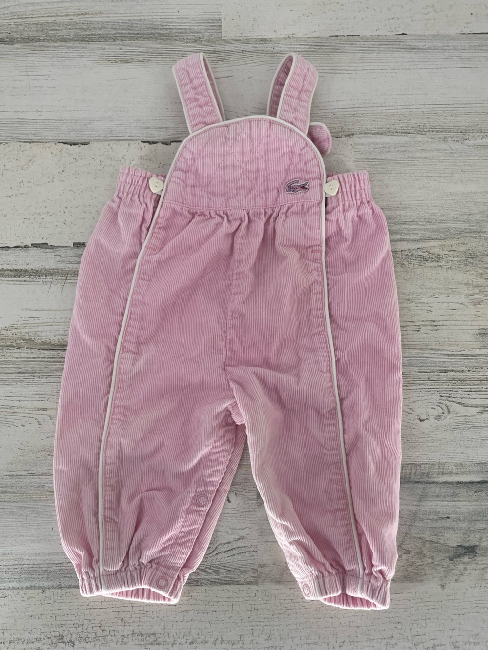 Vintage Izod Pink Corduroy Overalls White Piping Hearts Buttons Size 6/9